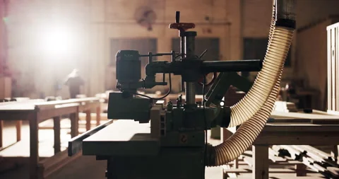 Carpentry, lumber and work tool in factory for craftsmanship, manufacturing or Stock Footage 340624029