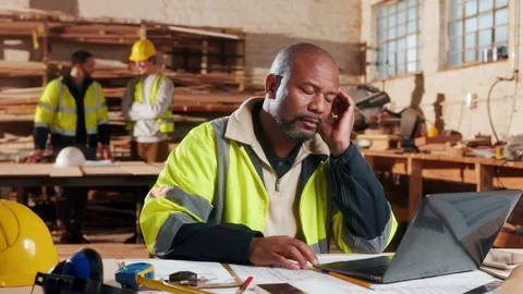 Carpentry, man and headache in workshop with laptop, exhausted or mistake i.. Stock Photos