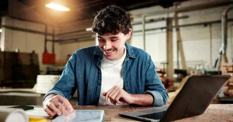 Carpentry, man and tablet in workshop for planning, digital blueprint and custom Stock Photos