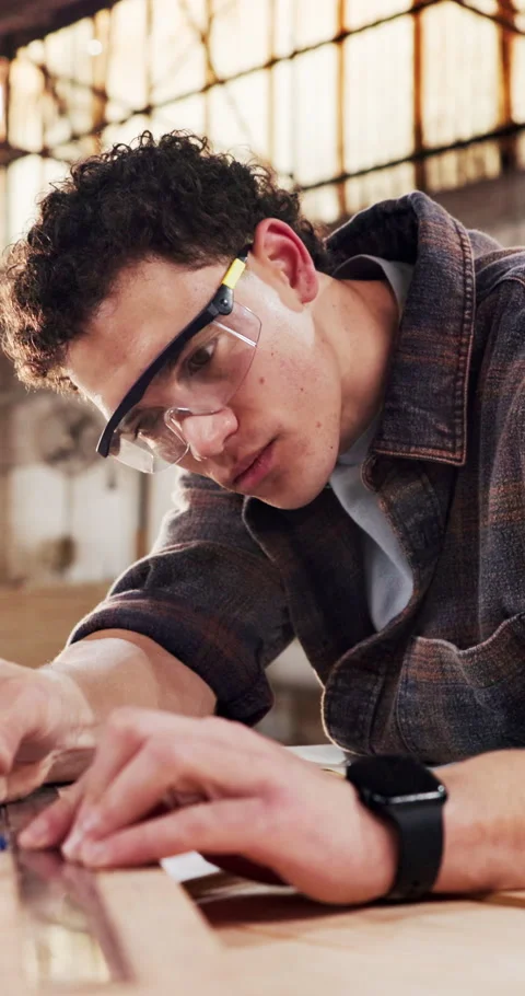 Carpentry, man or measure with ruler in workshop for cabinetry, custom design or Stock Footage 340794979