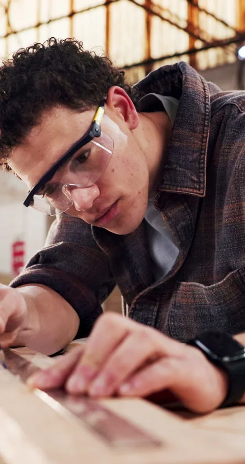 Carpentry, man or planning with ruler in workshop for custom design, timber size Stock Footage 340757518