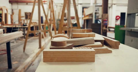 Carpentry, material and timber in empty factory for craftsmanship, manufacturing Stock Footage 340609871
