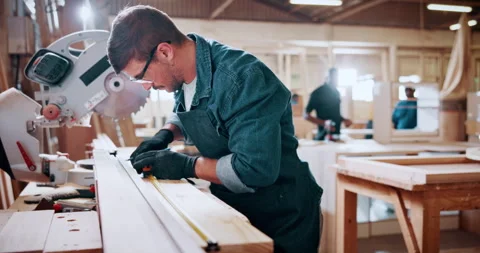 Carpentry, measure and man in workshop for manufacture, planning or project with Stock Footage 335740184