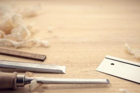 Carpentry or woodworking background with copy space Stock Photos