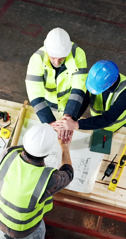 Carpentry, people and hands together in workshop with celebration, blueprint Stock Footage 340605097
