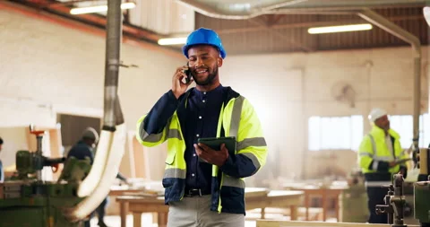 Carpentry, phone call and man in warehouse with tablet, project management or Stock Footage 340011663