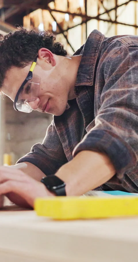 Carpentry, planning and man with measure in workshop for wood accuracy, custom Stock Footage 340754925