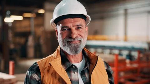 Carpentry, portrait and man in workshop with helmet, handyman or ambition i.. Stock Photos