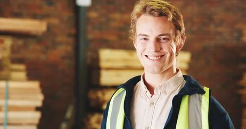 Carpentry, portrait and man in workshop with smile, handyman and about us in Stock Photos