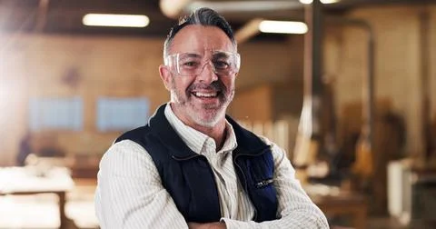 Carpentry, portrait or man in warehouse with arms crossed, craftsman or pri.. Stock Photos