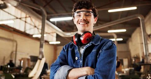 Carpentry, portrait or man in warehouse with arms crossed, craftsman or pri.. Stock Photos