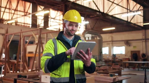 Carpentry, production and tablet with man in workshop for agenda, project or Stock Footage 338044258