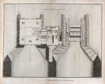 Carpentry: the pump on Notre Dame bridge, plan. Engraving by A.J. Defehrt a.. Stock Illustration