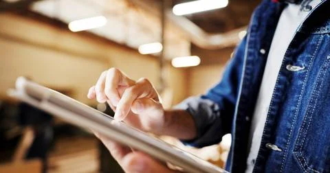 Carpentry, review or hands in workshop with tablet, order brief or stock co.. Stock Photos