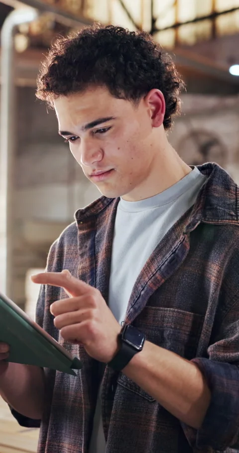 Carpentry, schedule and tablet with man in workshop for manufacturing or Stock Footage 340754871