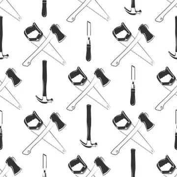 Carpentry seamless pattern with hammer, ax, saw Stock Illustration