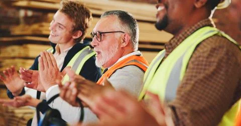 Carpentry, success or team in factory with clapping, project approval or good Stock-Fotos