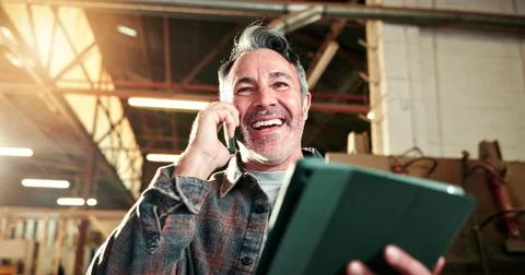 Carpentry, tablet or man in warehouse with phone call, design approval or g.. Stock Photos