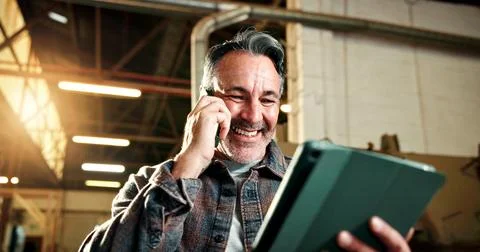 Carpentry, tablet or man in workshop with phone call, design approval or go.. Stock Photos