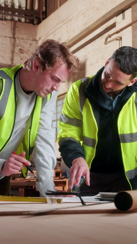 Carpentry, team and blueprint in workshop meeting for shopfitting, design review Stock Footage 339047295
