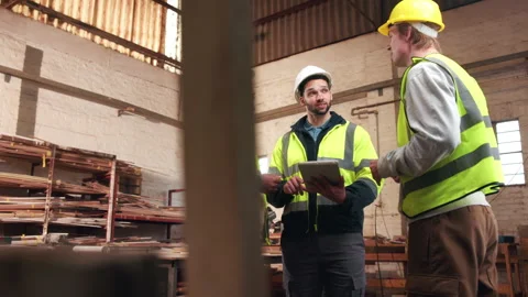 Carpentry, team and discussion in workshop with tablet, design idea and plan Stock Footage 338046520
