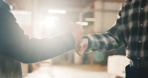 Carpentry, team or hands in warehouse with handshake, support and motivation for Stock Footage 341305177