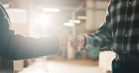 Carpentry, team or hands in warehouse with fist bump, support and motivation for Stock Footage 341306242