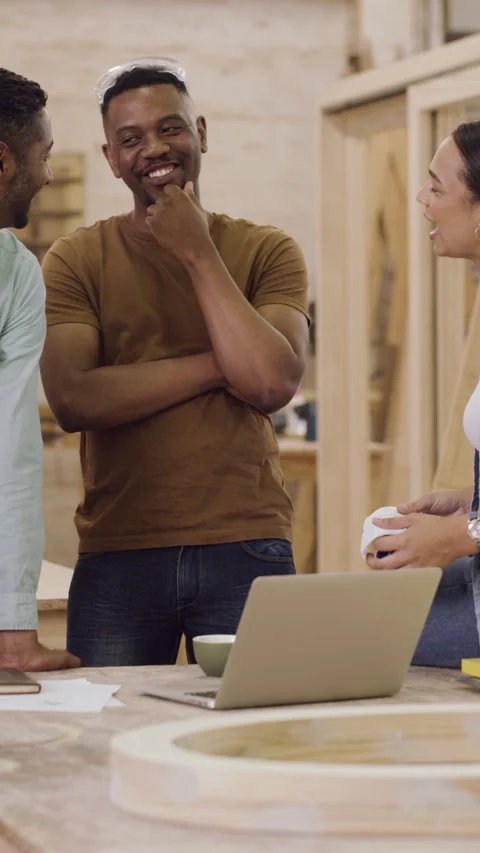 Carpentry, teamwork and people with laptop in meeting for furniture ideas, Stock Footage 330059559
