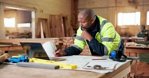 Carpentry, thinking and writing with black man in workshop for agenda, checklist Stock Photos