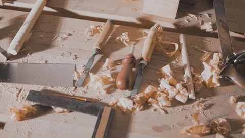 Carpentry tool lies on the workbench, chisels, mallets, planers, screwdriver Stock Footage 102772030
