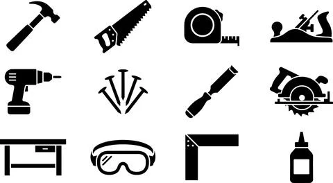 Carpentry Tools and Equipment Silhouettes Collection. Stock Illustration