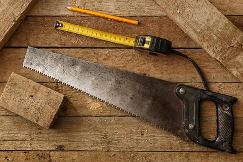 Carpentry tools on wooden surface Stock Photos