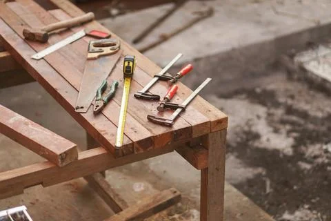 Carpentry tools on a wooden workbench Stock-Fotos