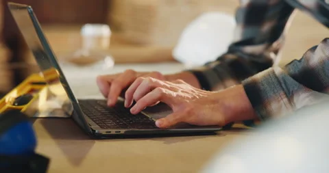 Carpentry, typing and hands of man on laptop for furniture order, project Stock Footage 341303713