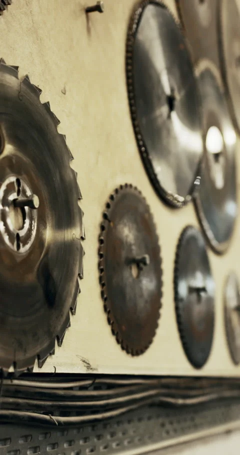 Carpentry, wall and circular blades in warehouse for furniture production Stock Footage 340758476