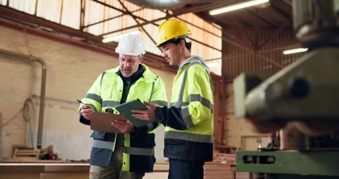 Carpentry, warehouse and men with tablet, clipboard and planning for inventory, Video stock 338050080