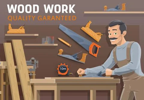 Carpentry, woodwork industry. Carpenter with tools Stock Illustration