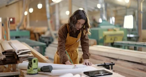 Carpentry workers designing at the joinery Stock Footage 146908486