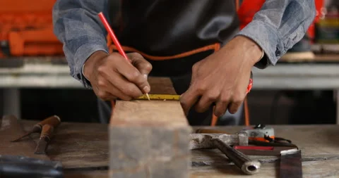 Carpentry working, hammer, meter, woodworking shop, Stock Footage 139039817