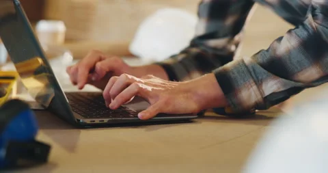 Carpentry, workshop and hands of man on laptop for furniture order, project Stock Footage 341304118