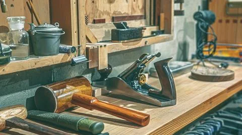 In the carpentry workshop, an atmosphere of creativity prevails a mallet, a  Stock Photos