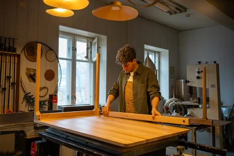 Carpentry workshop, focused craftsman master working. Joinery, woodwork. Small 스톡 사진