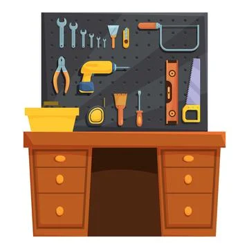 Carpentry workshop interior with tools hanging on wall Stock Illustration