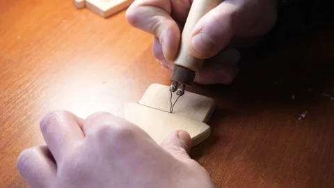 Carpentry workshop, master craftsman working. Work Pyrography Machine Wood. C Stock Footage 278963929