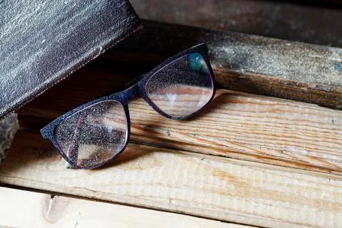 Carpentry workshop. Sawdust on eyeglasses Stock Photos