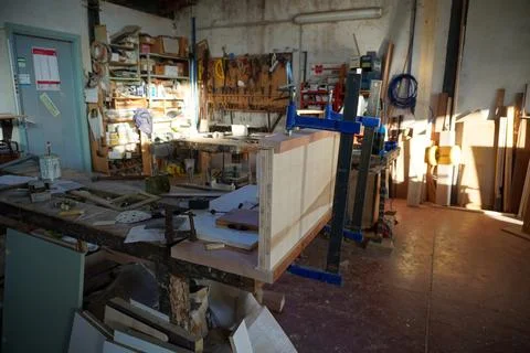 Carpentry workshop. Various carpentry tools on a wooden table in a workshop. 스톡 사진