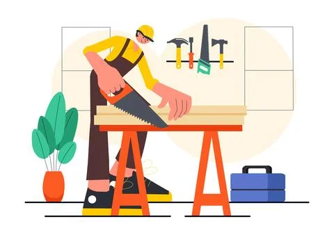 Carpentry Workshop Vector Illustration featuring Woodworking DIY, Wood Boar.. Stock Illustration