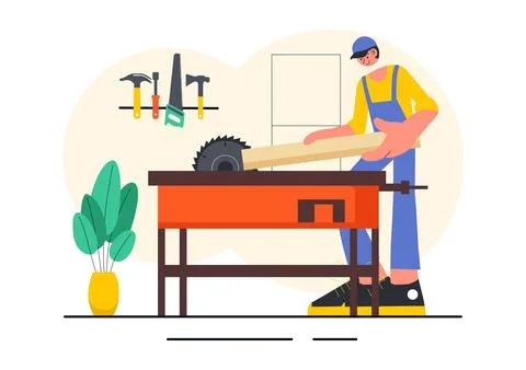 Carpentry Workshop Vector Illustration featuring Woodworking DIY, Wood Boar.. Stock Illustration