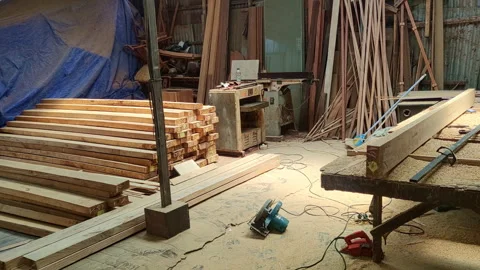 Carpentry Workshop with Wood Planks and Construction Tools Stock Footage 319376035