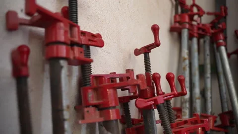 Carpentry workshop with working tools, instruments and equipments, steel wood Stock Footage 163052512
